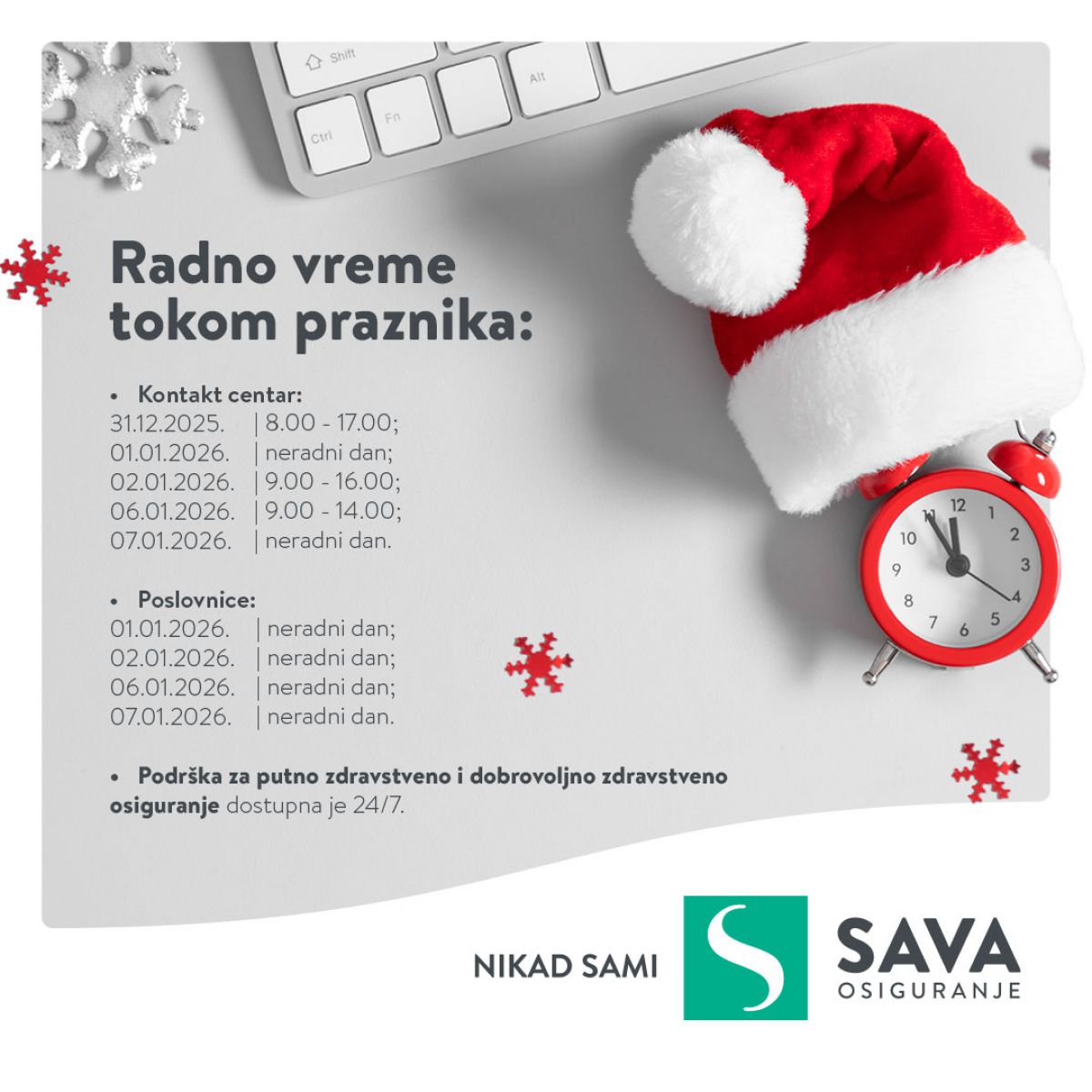Obavestenje o radnom vremenu tokom novogodisnjih i bozicnih praznika