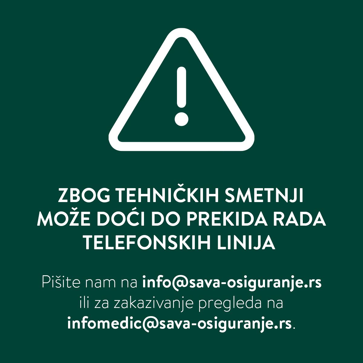 Obavestenje o tehničkim smetnjama na telefonskim linijama